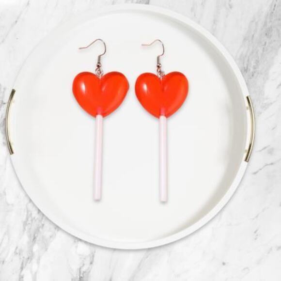 New Sugar Rush‎ Red Lollipop Heart Earrings Sucker Barbiecore Dangle Long Barbie - Picture 1 of 2